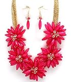 Beautiful Chunky Big Deep Pink Fuchsia Flower and Beads Statement Bib Necklace and Earrings Set Fashion Jewelry