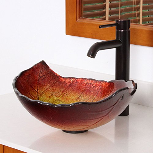ELITE Summer Leaves Design Tempered Glass Bathroom Vessel Sink & Oil