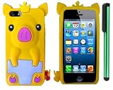 Yellow Cute Pig Yellow Crown Silicone Skin Premium Design Protector Soft Cover Case Compatible for Apple Iphone 5 (AT&T, VERIZON, SPRINT) + Combination 1 of New Metal Stylus Touch Screen Pen (4
