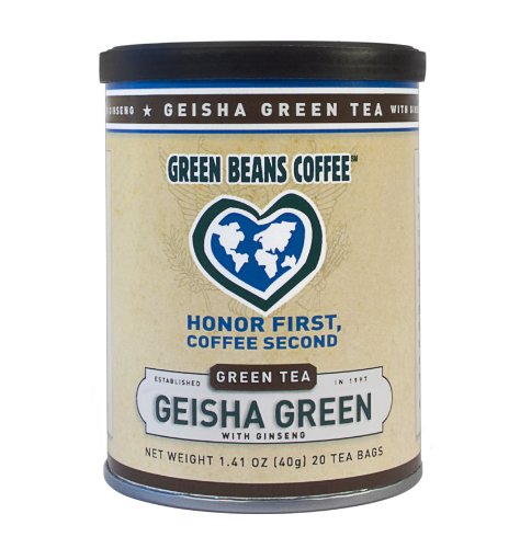 Green Beans Coffee Geisha Green with Ginseng Green Tea, 20-Count Tea Bags (Pack of 3)