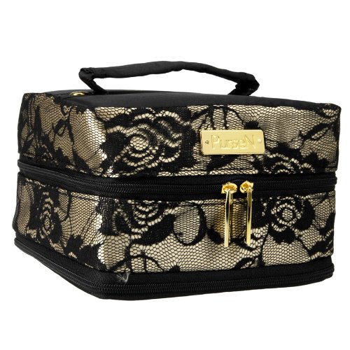PurseN Tiara Large Jewelry Case - Nude Satin/Black Lace/Black