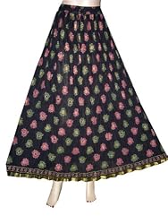 Black Gypsy Belly Dance Green Pink Floral Crinkle Skirt for Women's 40" L
