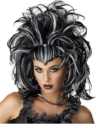 Goth Evil Sorceress Teased Black and White Costume Wig