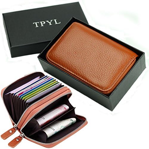 TPYL Genuine Leather Double Zippers Credit Cards Holders Case Mini Women Wallets Purses (Khaki)
