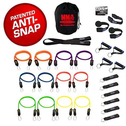 Bodylastics 28 pcs Resistance Bands Set *MMA TRAINING with 12 Stackable anti-snap exercise tubes, Heavy Duty components, carrying case, and printed instructions for over 100 exercises.