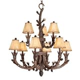 Aspen - 9 Light UpLight Rustic Chandelier Lighting Fixture - Pine Tree - Brushed Amber Glass - B2696