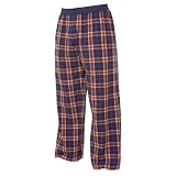 Orange and Navy Blue tartan plaid check flannel cotton pants for lounging, sleep, sports. Unisex relaxed fit, available in 3 Youth sizes, exposed elastic waist