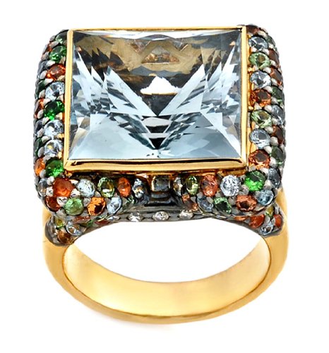 18k Yellow Gold Diamond and Blue Topaz Ring, Size 7 (0.30 cttw)