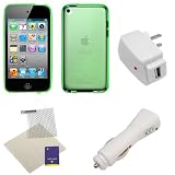 GTMax White USB Car Charger + White USB Home Travel Charger + Clear Green Gel Cover Case + Universal LCD Screen Protector for Apple iPod Touch 4th Generation