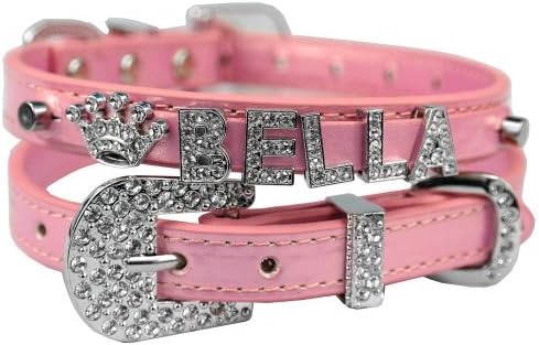 Personalized Metallic PU Leather Dog Puppy Collars Necklace with Diamante Rhinestone Free Name&Charms