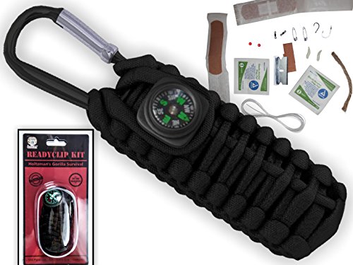 paracord Grenade emergency Kit Holtzman's Parachute Cord Survival Pack Has a Carabiner & Compass 17 emergency tools fishing kit (Black)