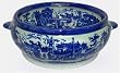 Large Antiqued Blue and White Round Porcelain Footbath - Planter - Cachepot, Ironstone Design