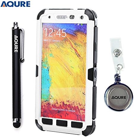AQURE Luxury Aluminum Metal Extreme Shockproof Military Bumper Heavy Duty Gorilla Glass Cover Case Skin Protector with Stylus Pen and Retractable Reel for Samsung NOTE 3 (White)