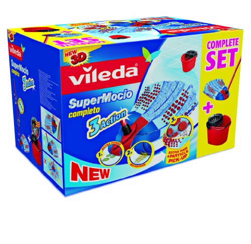 Vileda Supermocio 3 Action Mop Set Contains Mop and Bucket and Wringer, Red