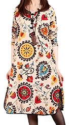 Long Sleeves Floral Print Cotton/Linen/Polyester  Dress