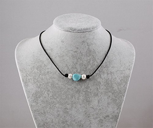 Handmade 9-10mm Freshwater Pearl Turquoise Choker Necklace on Genuine Leather Cord 16