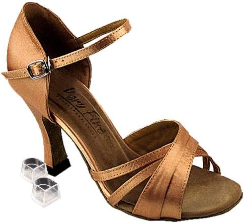 Women's Salsa Ballroom Tango Latin Dance Shoes Style 6030 Bundle with Plastic Dance Shoe Heel Protectors, Brown Satin 7.5 M US Heel 2.5 Inch
