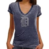MLB Touch by Alyssa Milano Detroit Tigers Ladies Fade Route Premium Burnout Low V-Neck T-Shirt - Navy Blue (Large)