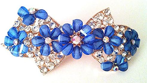 Bridal Hair Accessories Hair barrette-Bow and floral design hair clip Barrette style, Blue with diamond, crystal, and rhinestone accents