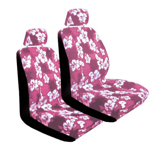 Set of 2 Universal-Fit Hawaiian Hibiscus Floral Print Low Back Front Bucket Seat Cover With Separate Headrest Cover - Pink