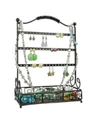 Kitchen: Black Metal 27 Pair Earrings Jewelry Organizer Hanger Display Stand w/ Bottom Accessories Mesh Basket - MyGift