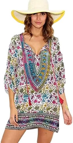 Vici Women Vintage Behomian Loose Floral Print Elbow Sleeve Chiffon Dress Blouse Tops (M, Green)