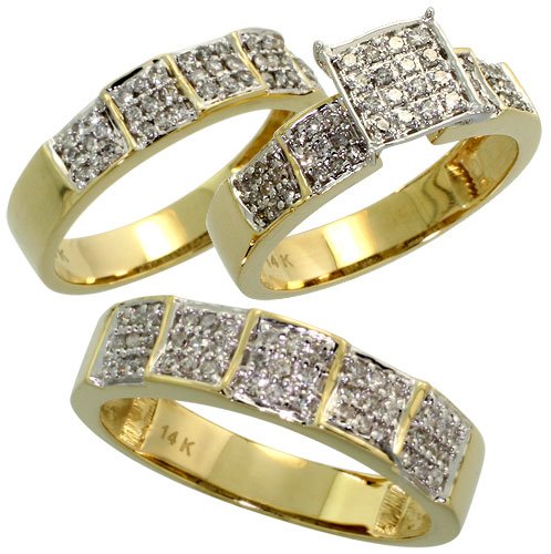 14k Yellow Gold Trio 3-Piece His (5.5mm) & Hers (5mm; 7mm) Wedding Band Set, w/ 0.92 Carat Brilliant Cut Diamonds; (Men's Size 9.5 to 11.5)