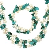 Pearl Freshwater Cultured White Turquoise Natural Stone Necklace 44" 3 Styles and Bracelet Bucasi