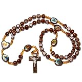 Religious Dark Brown Wooden Bead Rosary With Jesus Mary Picture Beads Center Heart 6mm x 6mm - 24 inch Necklace - 7 inch Drop Length