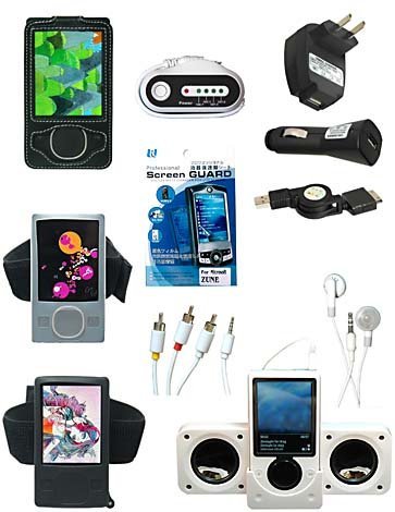 15-piece Accessory Bundle for Microsoft Zune 120GB/80GB: Black Leather Case + FM Transmitter + Foldable Amplified Speakers + Black Silicone Skin Case
