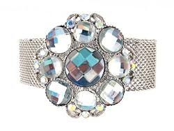 Bracelet - B184 - Glass & Crystal - Mesh Style with Adjustable Magnetic Closure ~ Clear Round