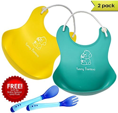 Adorable Waterproof Silicone Soft Bib with Food Catcher - Easy Clean Baby bibs for Boys or Girls - Yellow/Green 2 Pack - FREE Infant Soft-Tip Toddler BPA Free Baby Spoons and Fork Set - Baby Shower Gift