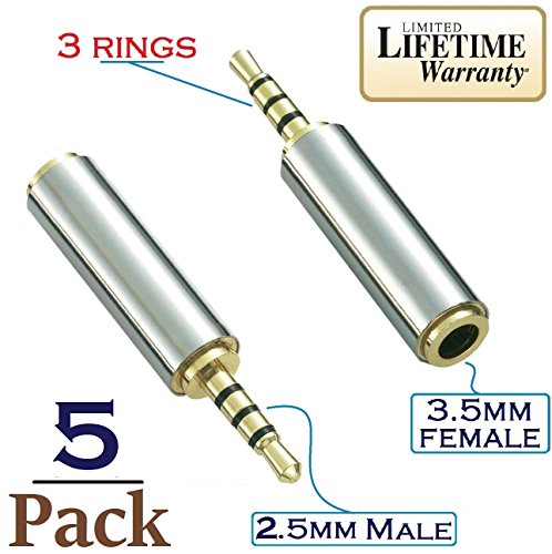 Josi Minea x 5 Pcs 2.5mm Male to 3.5mm Female Audio Adapter Converter Headphone Earphone Headset 3 Ring Jack - Stereo or Mono [ 5 Pack ]