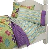 Girls Retro Chic Daisy Flowers Green and Purple Comforter Set
