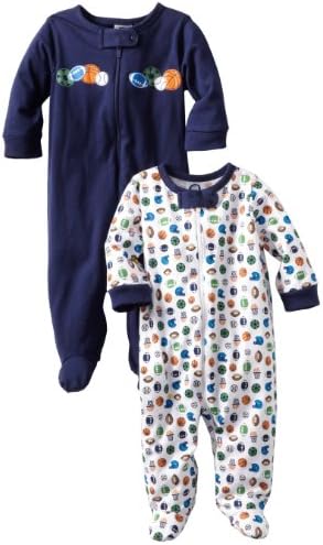 Gerber Baby-Boys 2 Pack Sleep N Play Zip Front Sports, White/Blue, 0-3 Months