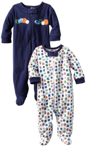 Gerber Baby-Boys 2 Pack Sleep N Play Zip Front Sports, White/Blue, 0-3 Months
