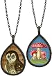 Reversable! 2 in 1 Vintage Owl & Mushroom French Art Nouveau Style Necklace - Black Gumetal Finish By Lavishy