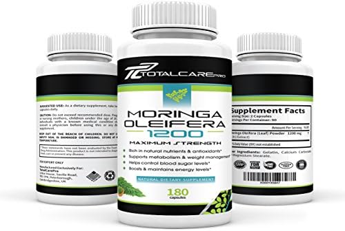 TotalCarePro Moringa Oleifera 1200 mg - 3 month supply - 180 Capsules - Pure Moringa Source of Natural Antioxidants, Vitamins, Minerals and Amino Acids - Best Non GMO Raw Superfood Supplement
