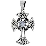 Sterling Silver Celtic Cross Pendant w/ Single Clear CZ, w/ 18" Thin Box Chain