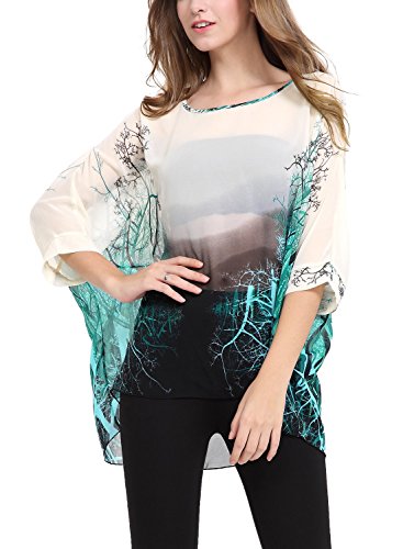 DJT Womens Batwing Sleeve Round Neck Flower Semi Sheer Top One Size Apricot-Green