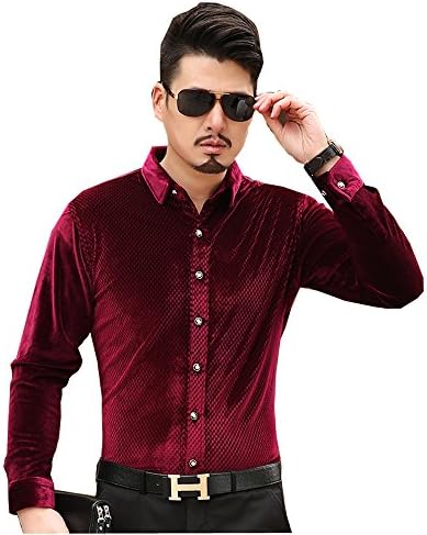 ISMEN Men's Long Sleeve Casual Dress Shirts (L, Red)