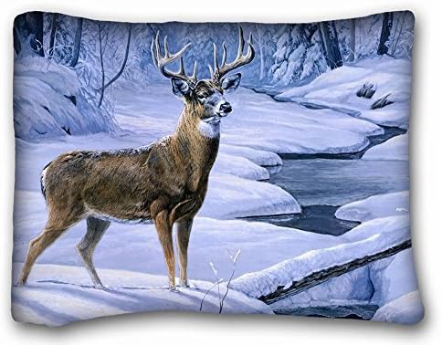 Decorative Standard Pillow Case Animals Deer painting creek forest Winter snow 20"*26" One Side