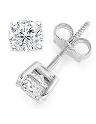 IGI Certified 1/2 Carat Round Brilliant Cut Diamond Stud Earrings 14K White Gold 4 Prong Screw Back (F-G Color, SI1-SI2 Clarity)