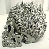 Flaming Human Skull Statue Silver Finish Fire HOT!