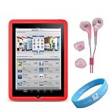 Silicone Skin Red Case for Apple iPad + Pink Handsfree Earphones + Wristband