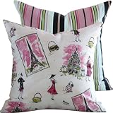 From Paris with Love and Stripes Collection - Waverly Designer 18" Square Boutique Throw Pillow Cover - Parisian/French Fashion with Stripes - Bubble Gum Pink, Black, Lime and Ivory - 1 Pillow Cover