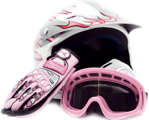 Youth Motocross ATV Dirt Bike MX Helmet, Gloves and Goggles Pink Flame, X-Large Youth Motocross ATV Dirt Bike MX Helmet, Gloves and Goggles Pink Flame, X-Large