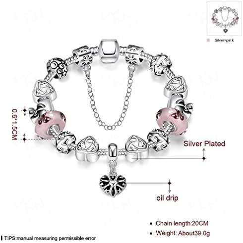 Pink Glass Heart Pendant Silver Bracelets With Gift Box