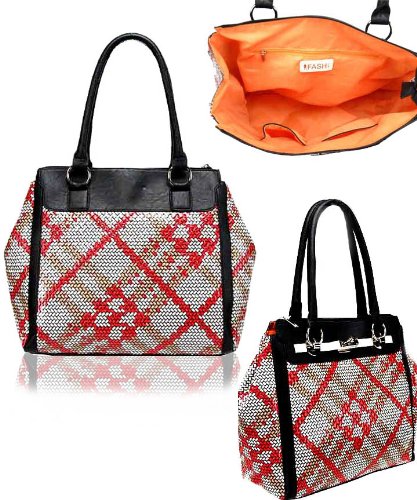 Elegant Reiko Grid Patterned Tote Handbag - Red & White