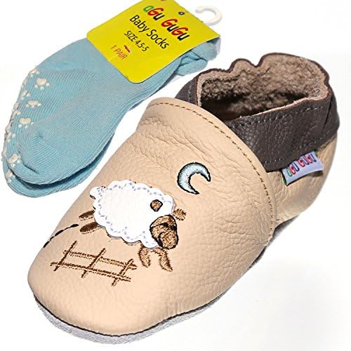 Good Night Soft Sole 100% Real Leather Baby Boy Shoes with Matching Anti-Slip Socks (6-12 Months)